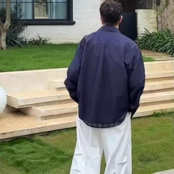 Navy Oversized Faux Shirt Jacket with Plaid Casual Street Loose for Everyday and Winter [cnstone] Men's Two-Piece Lining, Style, Fit, Wear, Spring,