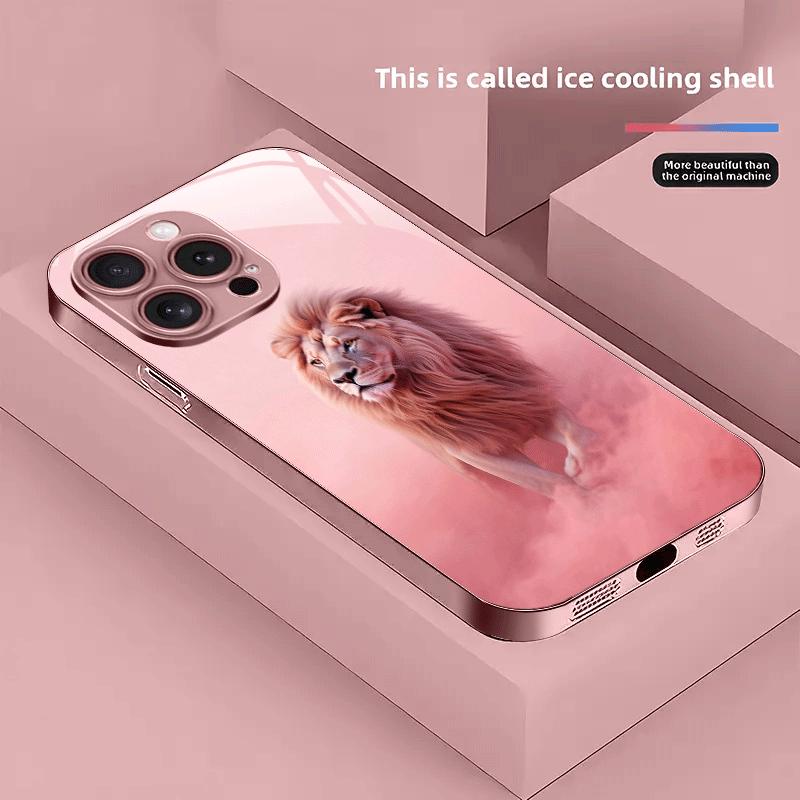 Lion Fashion Pattern Metallic Paint Glass Phone Case Suitable for iPhone 17 16 15 14 13 12 11 Pro Max Plus Anti Shock Back Cover