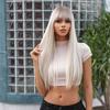 European and American Style Women Long Straight Wig with Blunt Bangs Front Lace Heat Resistant Synthetic Fiber Ombre Gray Wigs