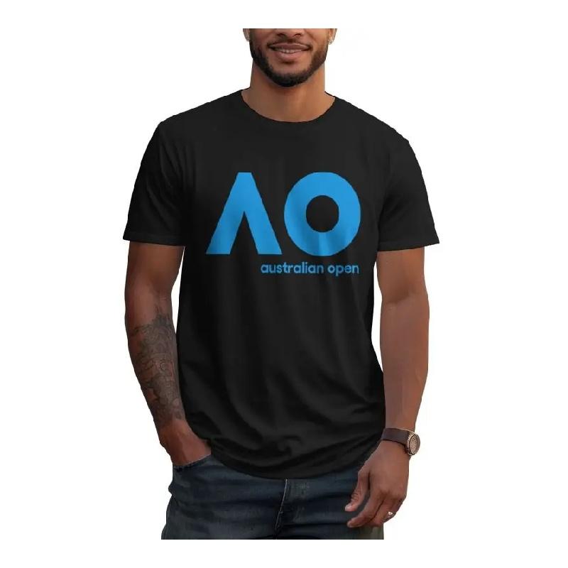 

Australian Open AO Print Black T-shirt Men Large Size Casual T-shirts Summer Cotton Short Sleeve Tops Tees Streetwear S чёрный