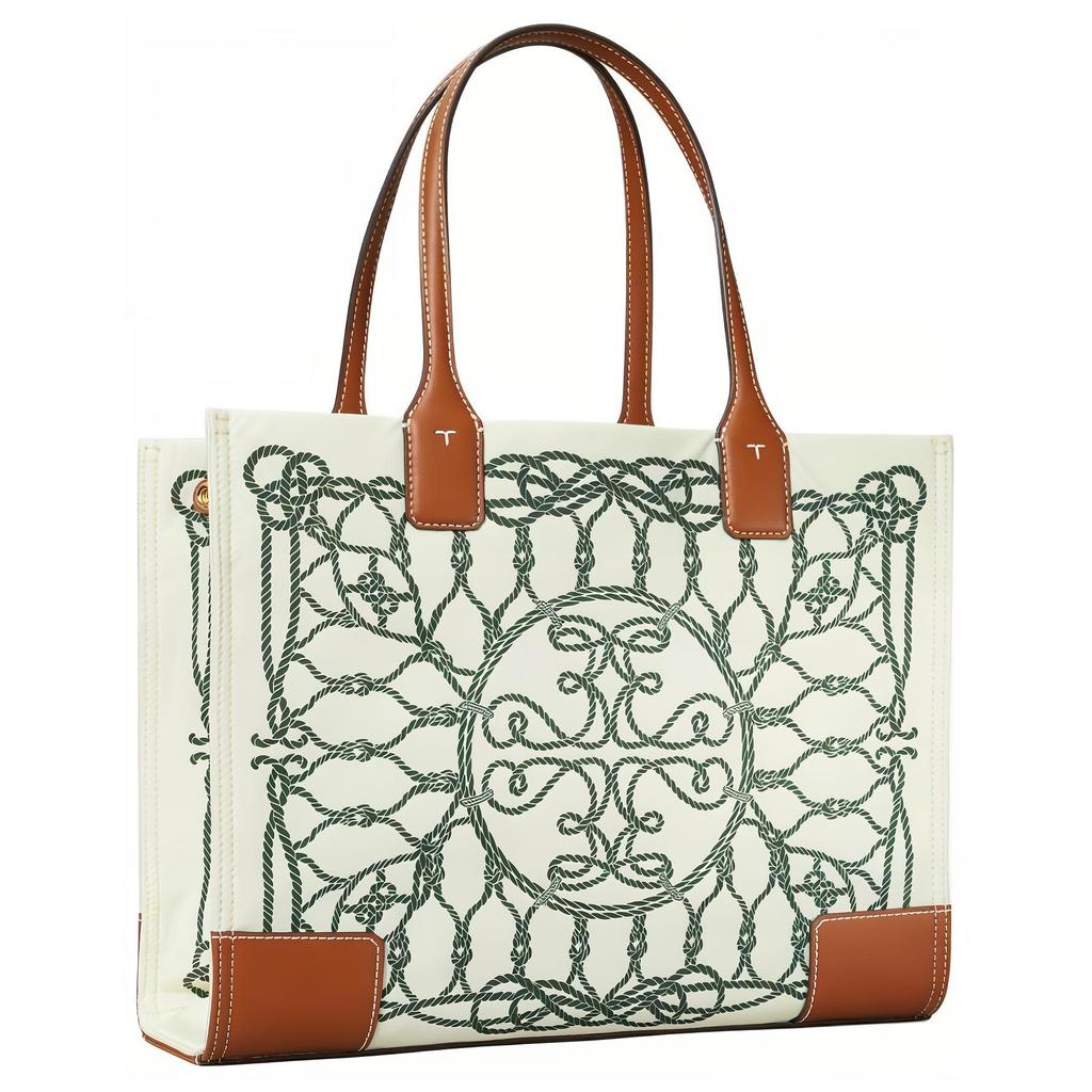 Tory Burch Ella Logo Print Magnetic Closure Recycled Polyester Tote Bag Women Tote Bags Ivory Green 159266-960