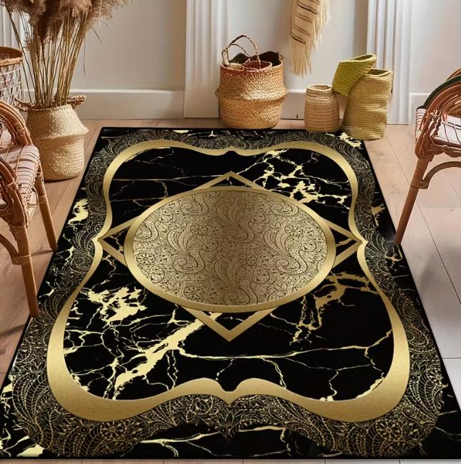 Luxury Black Marble Area Carpet Office Bedroom White and Gold Border Design Suitable for Modern Living Spaces, Bedroom Carpet