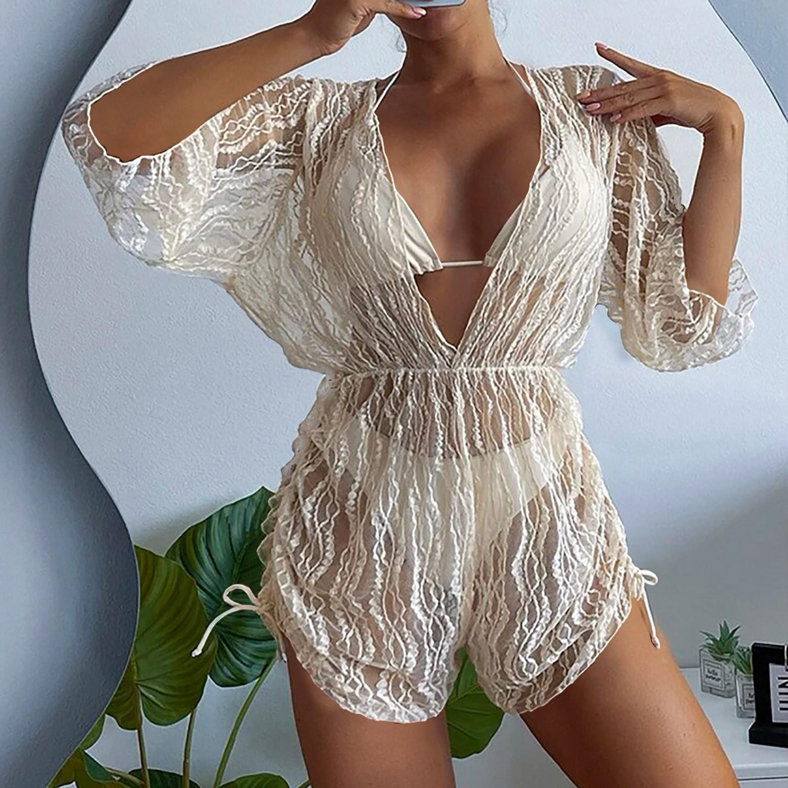 

Women s Fashion Two Piece Bikini Set with Printed Beach Cover Up Dress Three Piece Set with Padded Bra Without Underwire L бежевый