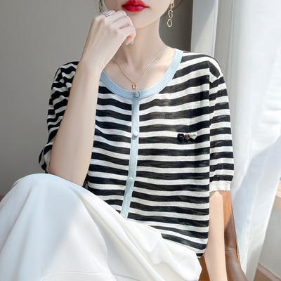 Sommer Damen Neu Kurzarm Strickpullover T-Shirt Rundhals Weste Gestreift Herz