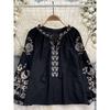 Ethnic Style Retro Machine Embroidery Shoelace Tassel round Neck Loose Slimming Youthful-Looking Puff Sleeve Top Women's Holiday Shirt