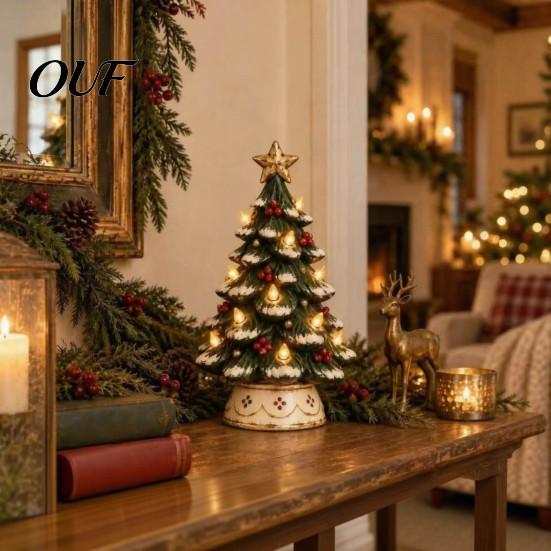 Energy Saving LED Night Light Lighted Christmas Tree Tabletop Decor, Resin Artificial Xmas Ornament Portable Bedside Decorative with Warm Glow,