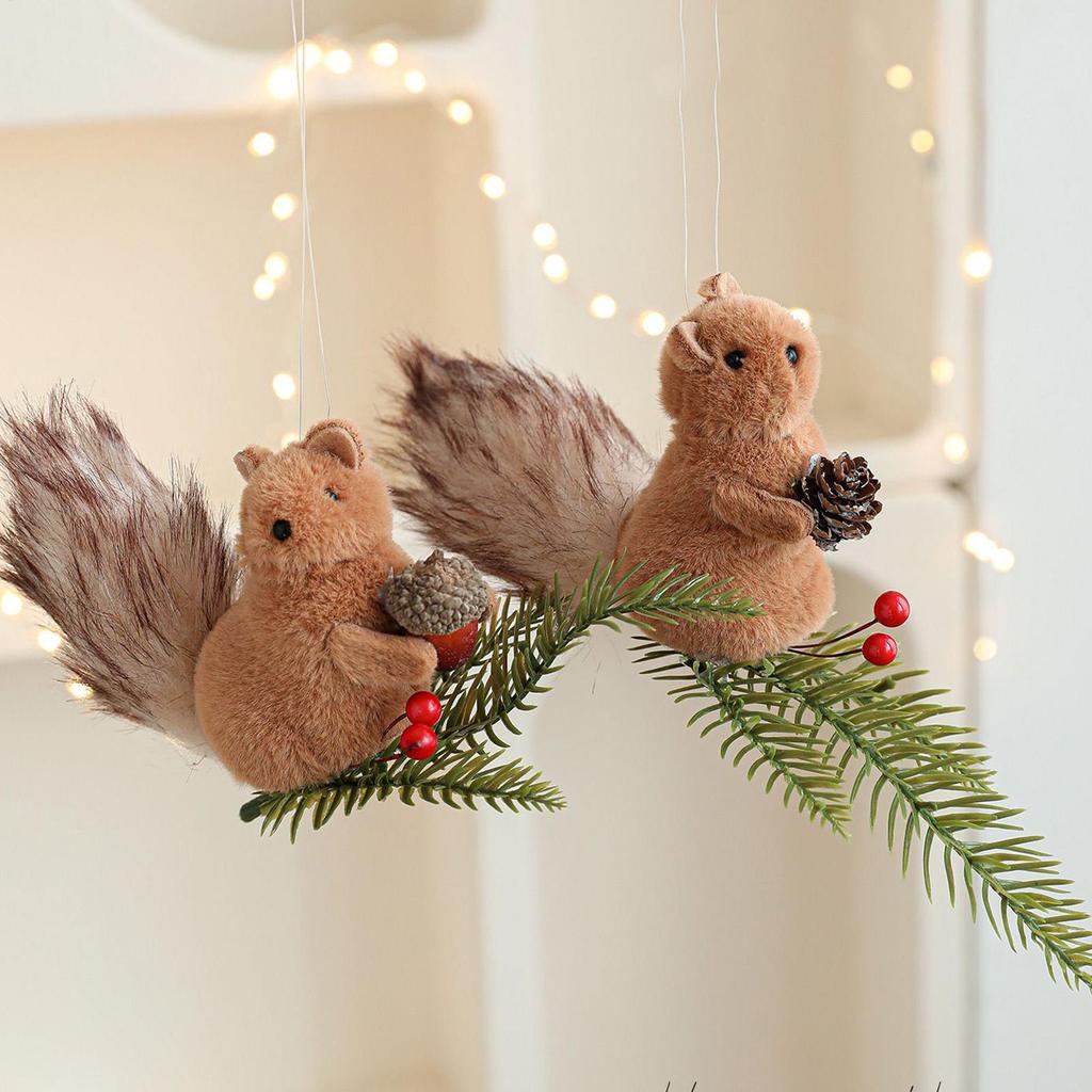 Squirrel Ornament Plush Squirrel Festive Charm Realistic Pine Cone Branches Animal Ornament For Window Outdoor Bookshelf Ceiling