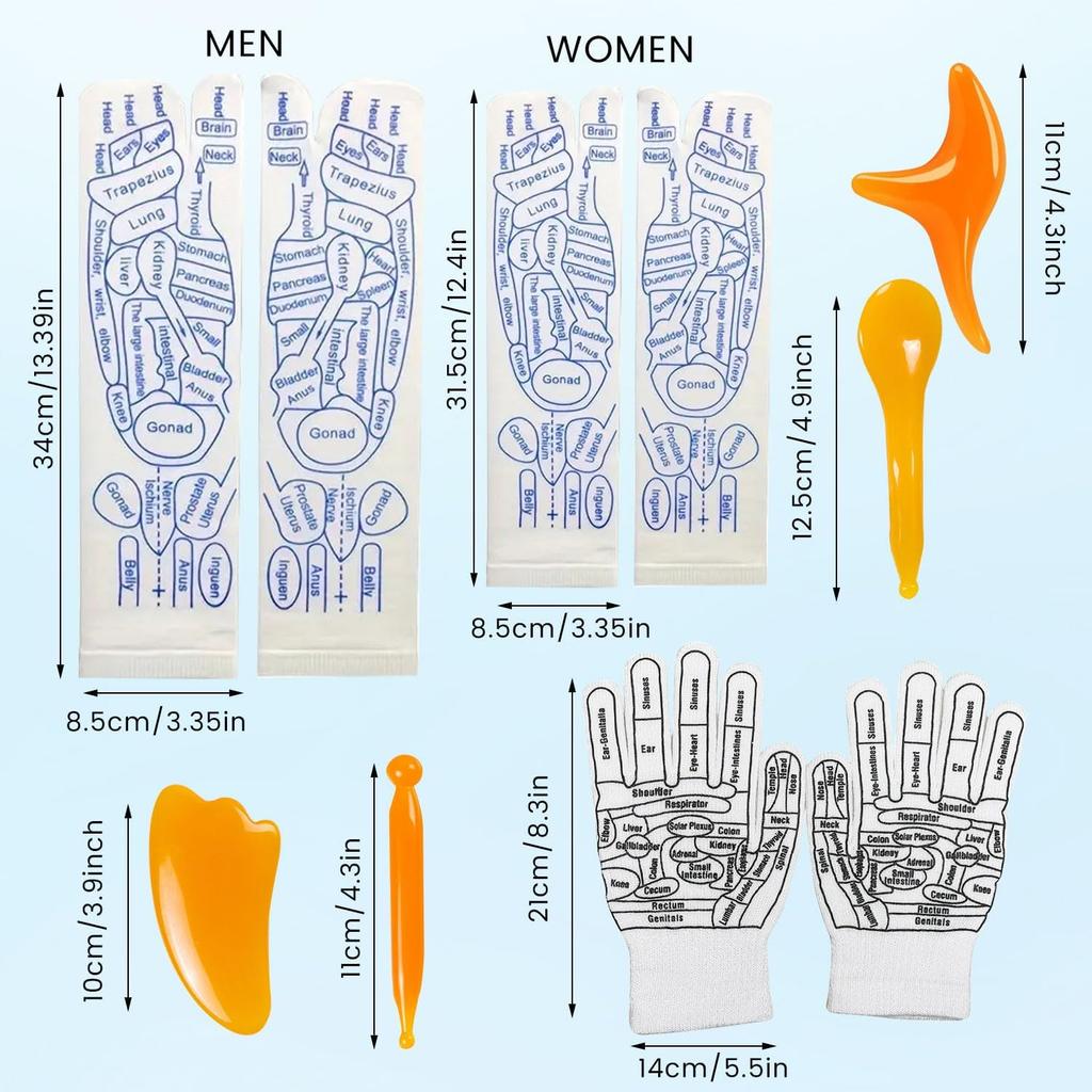 Reflexology Socks with Massage Tools and Gloves, 2 Pair Foot Massage Socks, 1 Pair Gloves, 4 Massage Tools, Acupoint Massage Tools Sets for Man and