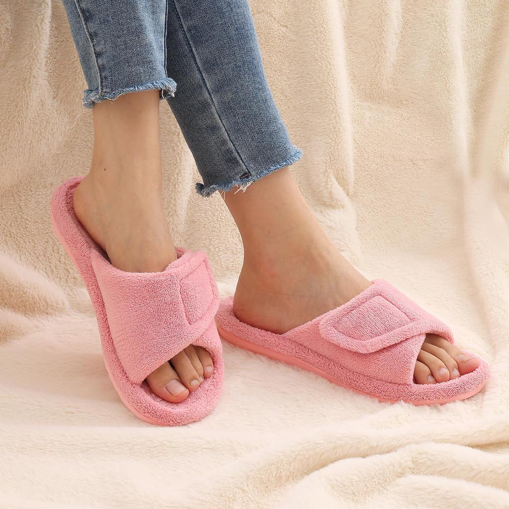 Fashion Comwarm Winter Women's Coral Fleece Orthopedic Slippers with Arch Support Velcro Adjustable Open Toe Shoes for Plantar Fasciitis
