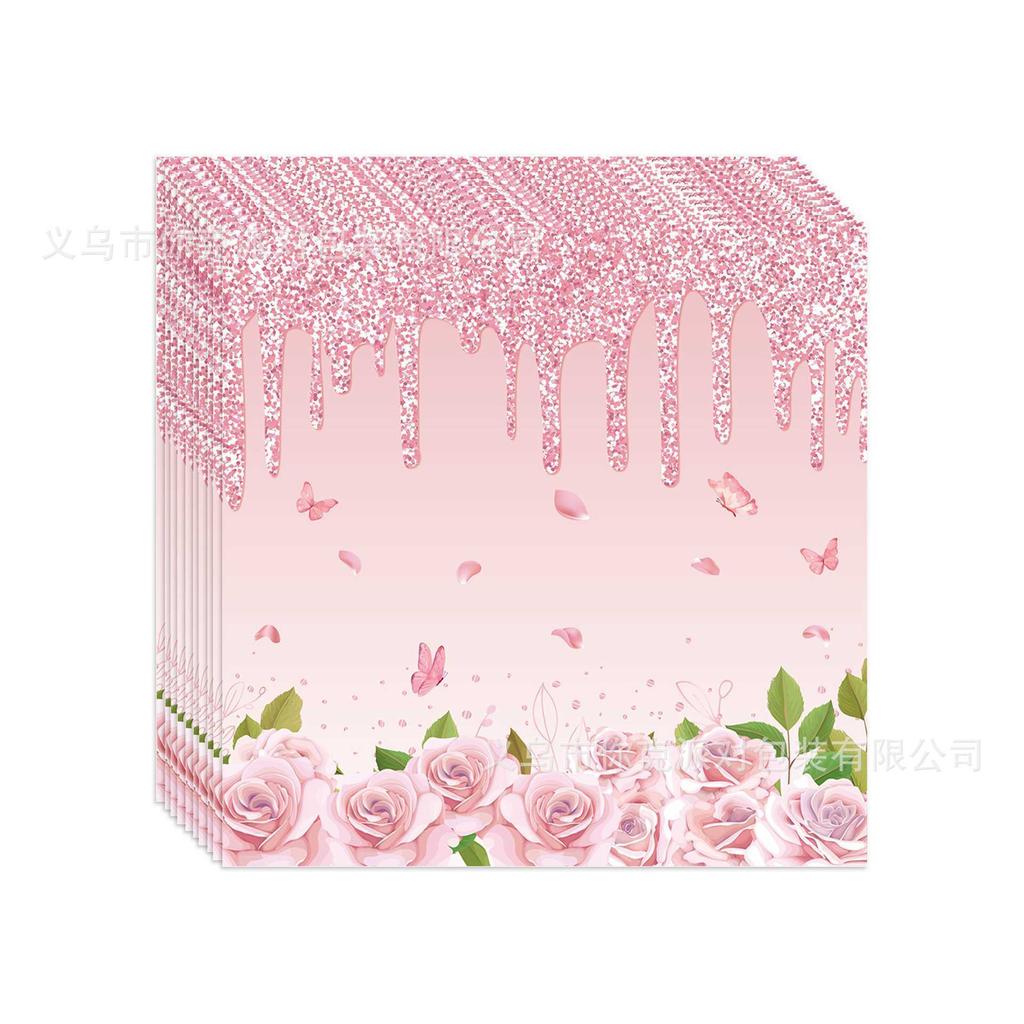 Elegant Pink Diamond Flower Disposable Tableware Set Wedding Birthday Party Plates Cups Decor