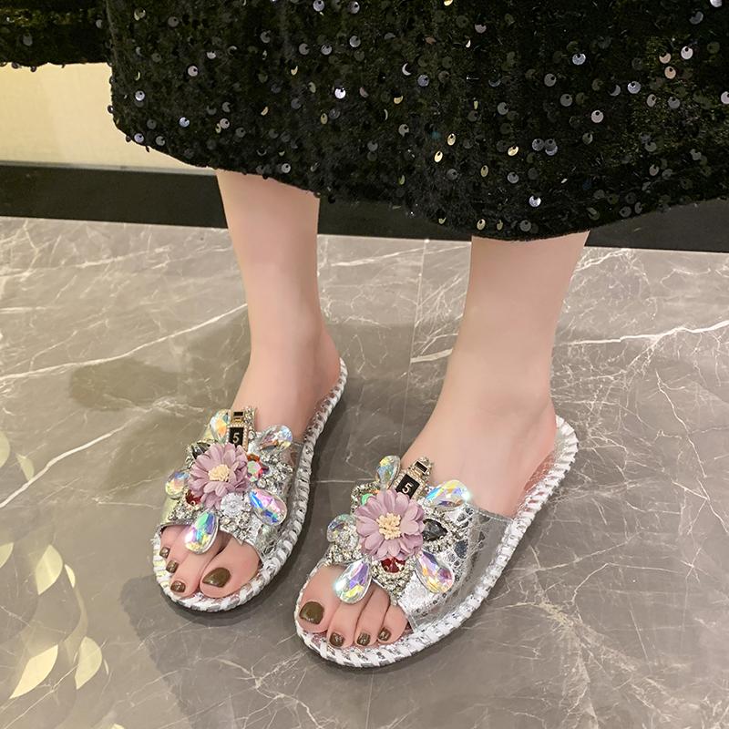 Aphixta Diamant Blumen Dekoration Flach Mit Hausschuhen Lässig Damen Süße Mules Draußen Sommer Sandalen Schuh Nähen Slide