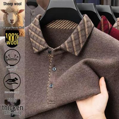Men's Thick 100% Wool Knit Polo Sweater - Middle-Aged, Lapel Design for Autumn/Winter Warmth