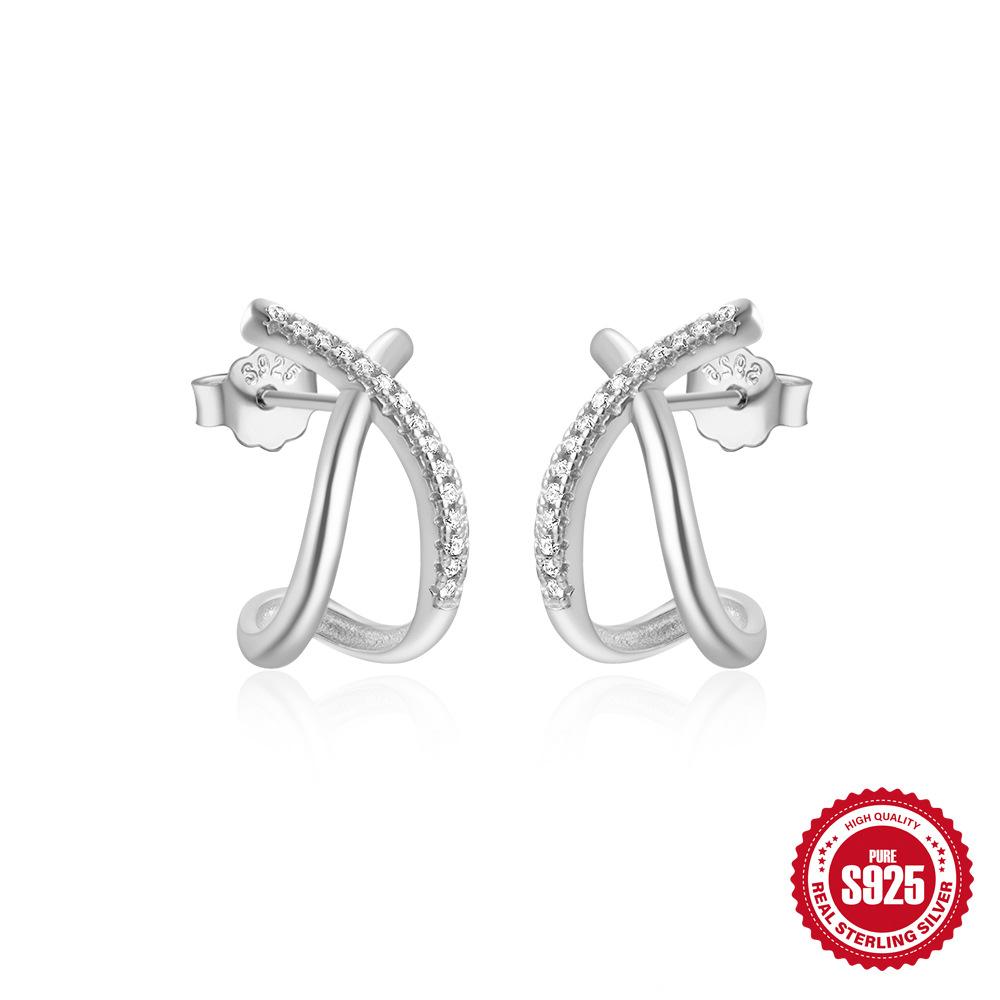 Light Luxury S925 Sterling Silver Geometric Cross Micro-Inlaid C-Shaped Personality Metal Temperament Earrings Earrings Ear Hooks
