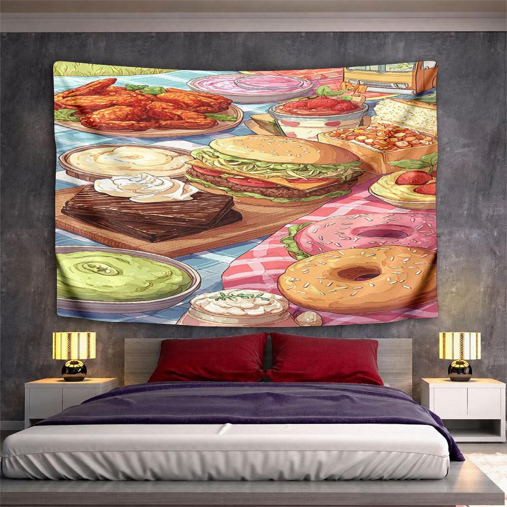 "Colorful Picnic Food Illustration" Pattern Wall Hanging Tapestry Decorative Tapestry Home Decor for Bedroom and Living Room