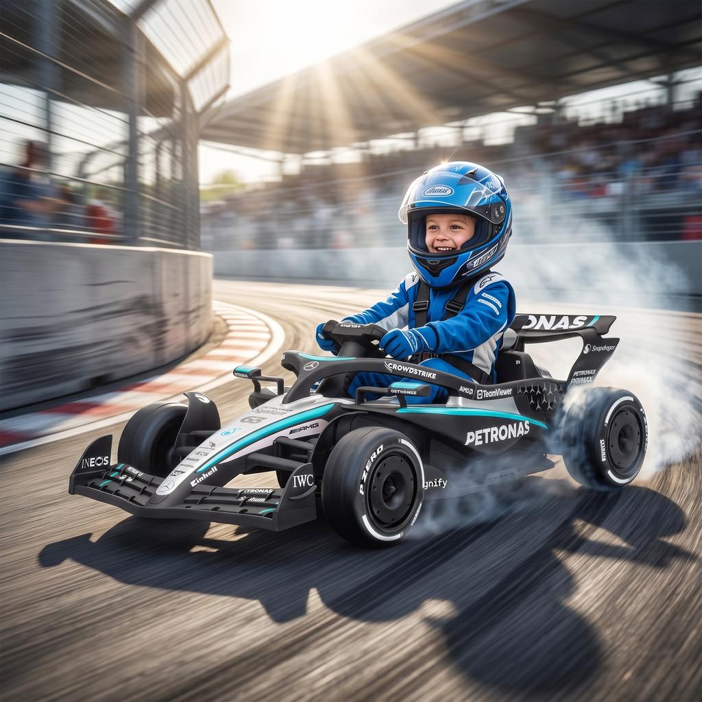Electric Go-Kart for Kids, 12V, Mercedes-AMG PETRONAS F1, 2 Motors, Remote Control, 3 Speeds, Black