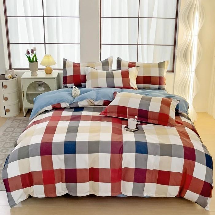 Plant Thickened Three Four Piece Bed Sheet Set Blue And White Large Grid
