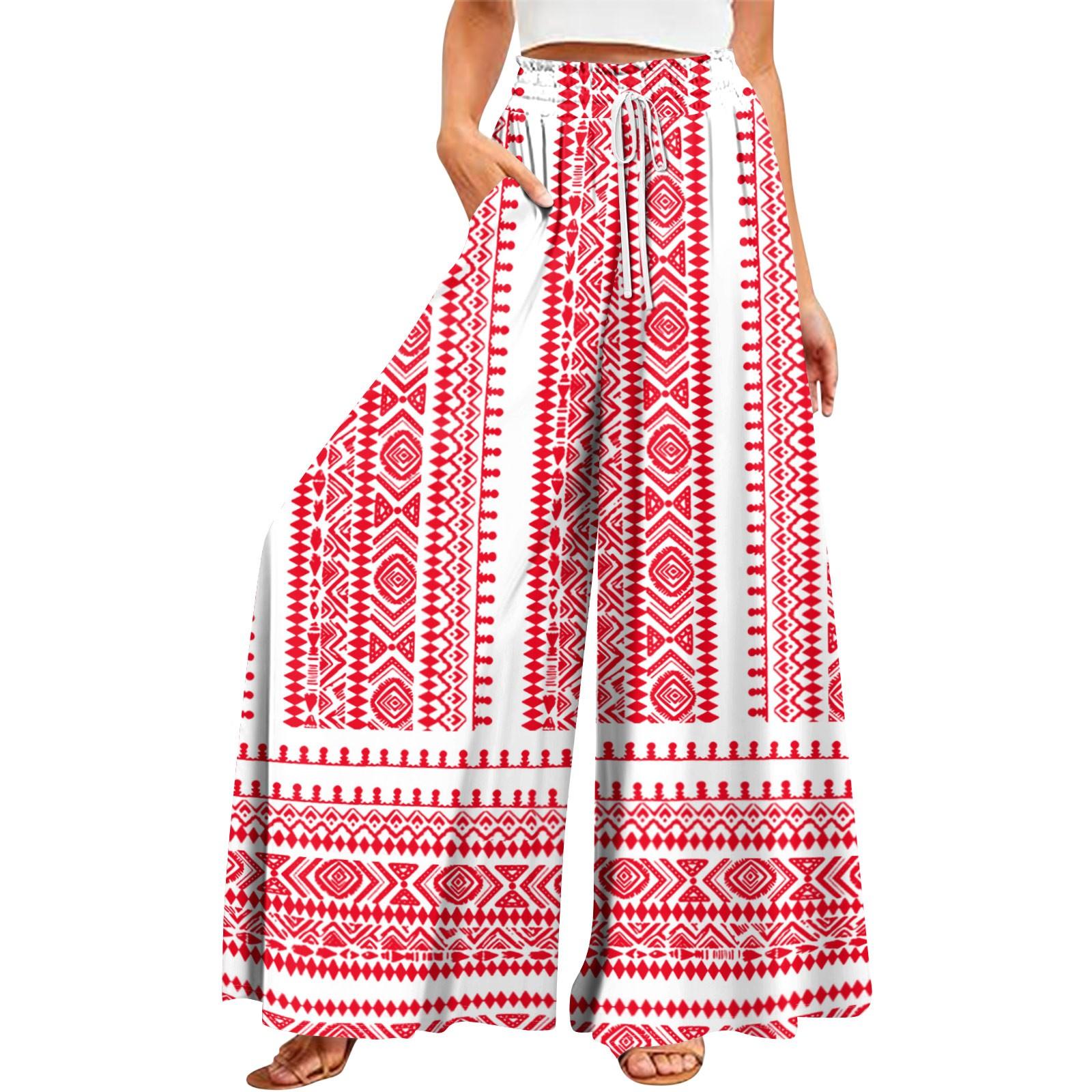

Женские летние широкие брюки с высокой талией и струящимися карманами, модные повседневные повседневные пляжные брюки в богемном стиле с принтом XL красный
