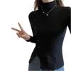 Pullocardi Knit Long High Pure Front Slim Black Women's Sweater, Sleeve, Turtleneck, Neck, Color, Buttons, Thin, Fit,