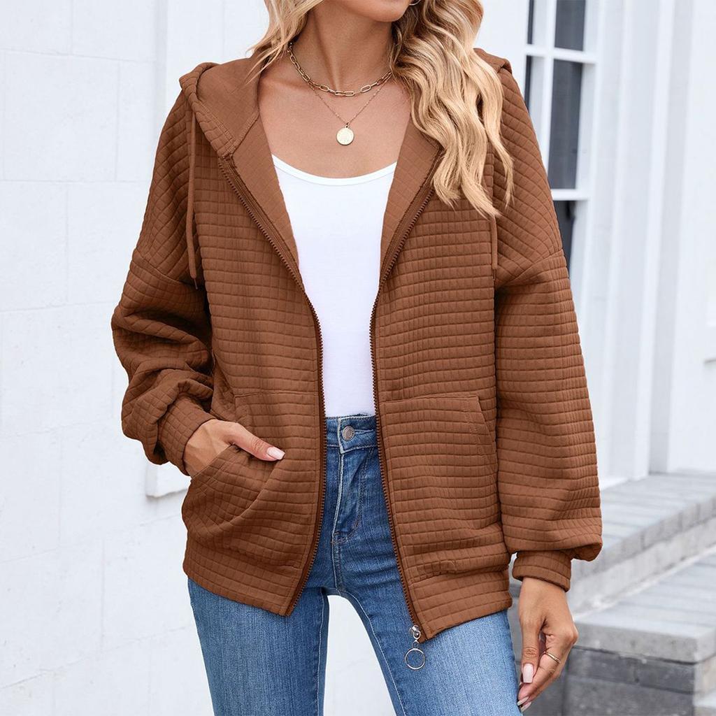 Women's Fashionable Solid Color Zipper Long Sleeved Hooded Pocket Sweatshirt Jacket