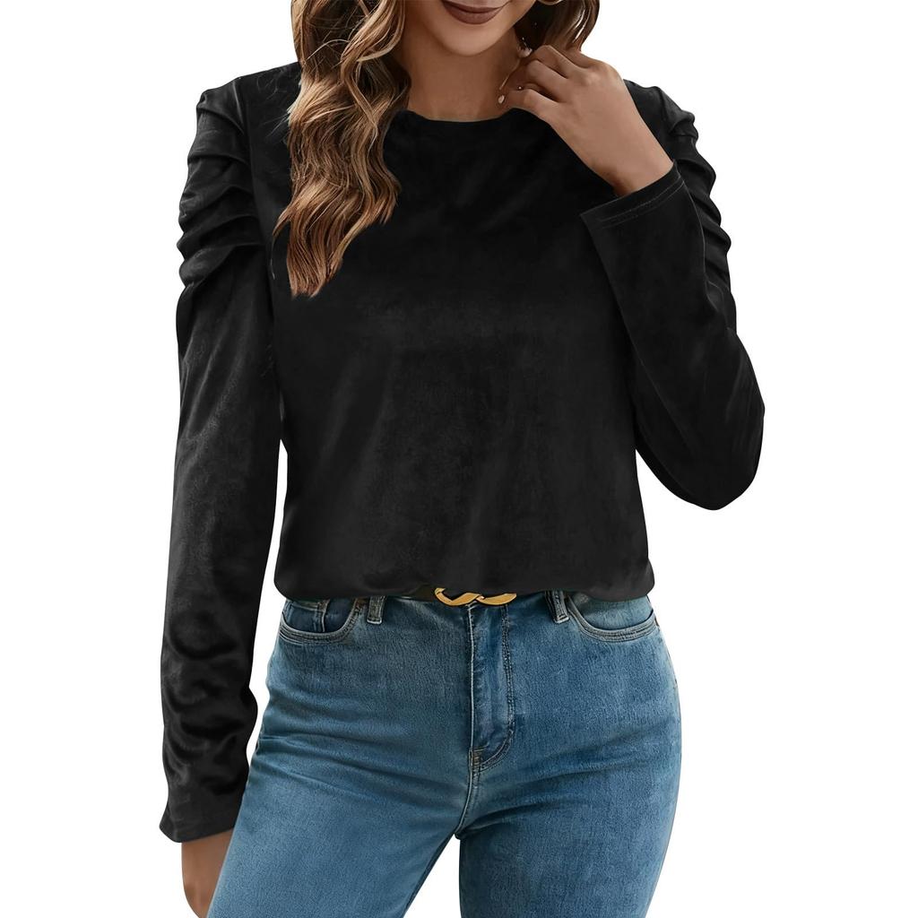 Women's Velvet Puff Long Sleeve Round Neck Pullover Color Casual Top