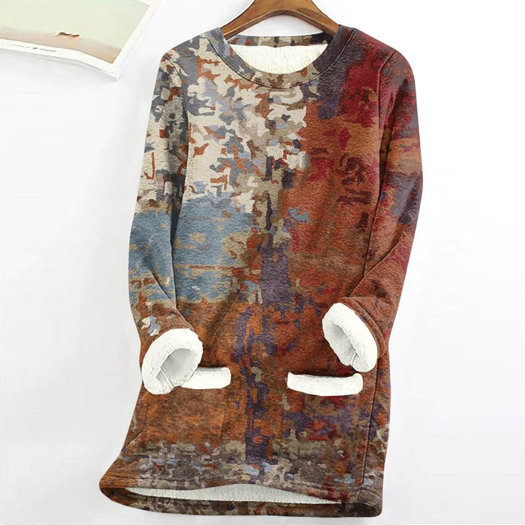 Women's Round Neck Top Printing Thickened Plush Cashmere Warm Long Top
