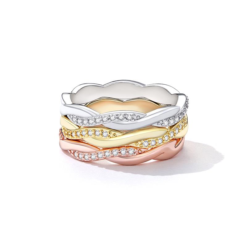 BAMOER 925 Silver Simple Twisted Rope Ring, Gold Plated Cubic Zirconia Eternity Band Stackable for Women Engagement