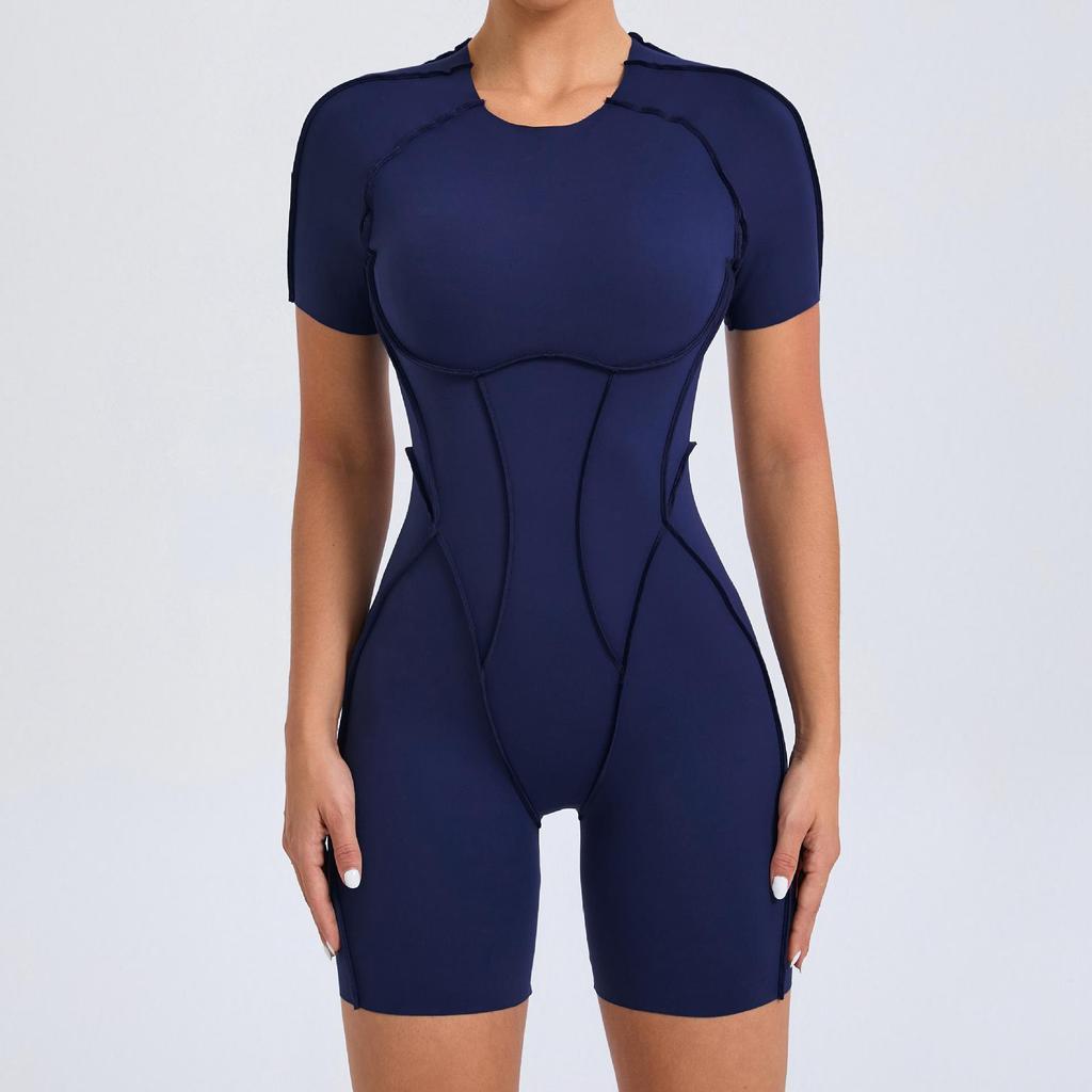 Patchwork Hollow-Back Sports Jumpsuit - Women's Tight One-Piece Fitness Outfit