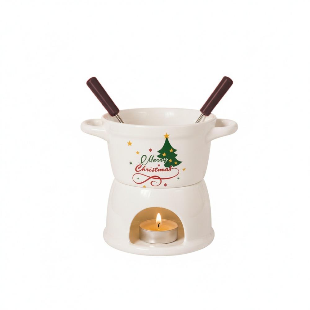 Ceramic Christmas Chocolate Fondue Cup Double Handle Butter Warmer Pot Dinning Table