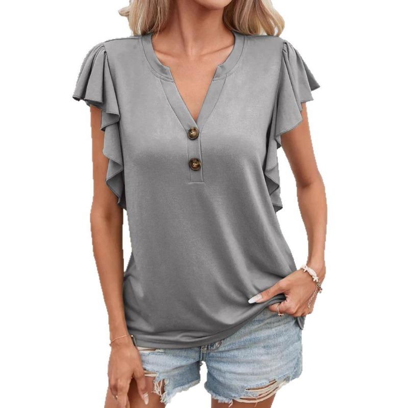 Women's V Neck Lotus Sleeves Elegant Women's Short Sleeve Top T-shirt