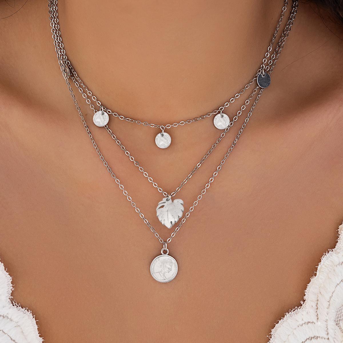 

Women s multi-layered round leaf long necklace серебряный