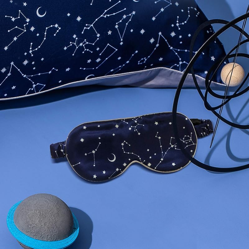 THXSILK Silk Eye Mask, 100% Mulberry Silk, Blindfold with Elastic Strap Headband, Super Soft & Comfortable, Constellation Print Sleep Mask Constellation