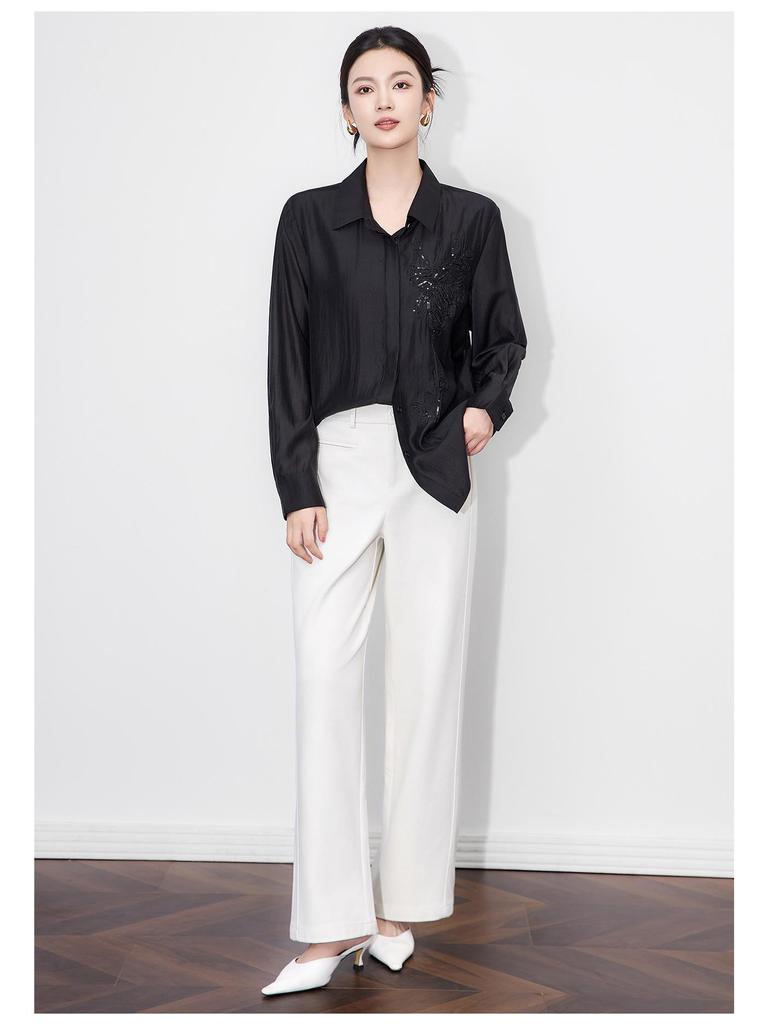 French Embroidered Long Sleeve Shirt with Turn-Down Collar for Early Autumn Women's Fashion.