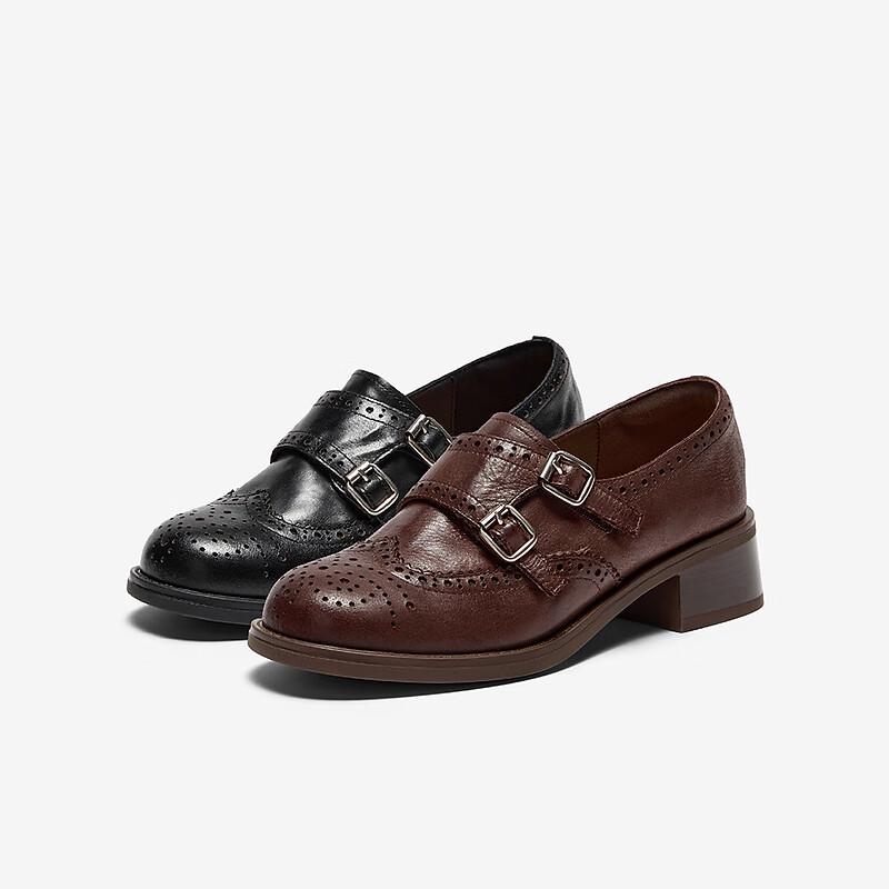 Bata Women's Retro Brogue Leather Chunky Heel Loafers