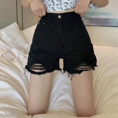 Classic and Minimalist Fashion Versatile Women's Summer Pants Loose High-waisted Holes Burlap Wide-legged Denim Shorts Individuality and Trendiness
