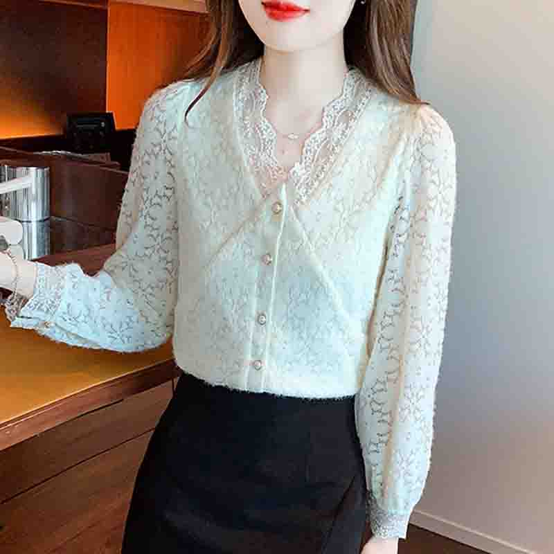 Mode Neu 2024 Herbst Winter Langarm V-Ausschnitt Aprikosenfarben Samt Spitze Bluse Hemd Damen Oberteile Blusen Hemden J768