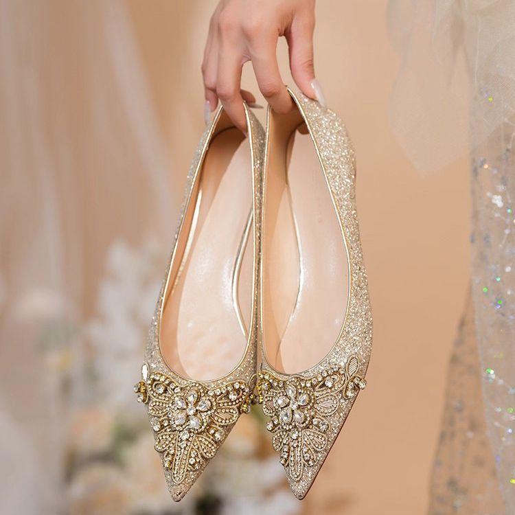 2025 new crystal wedding shoes bridal shoes Xiuhe wedding dress two wear pregnant women champagne flat shoes French single shoes