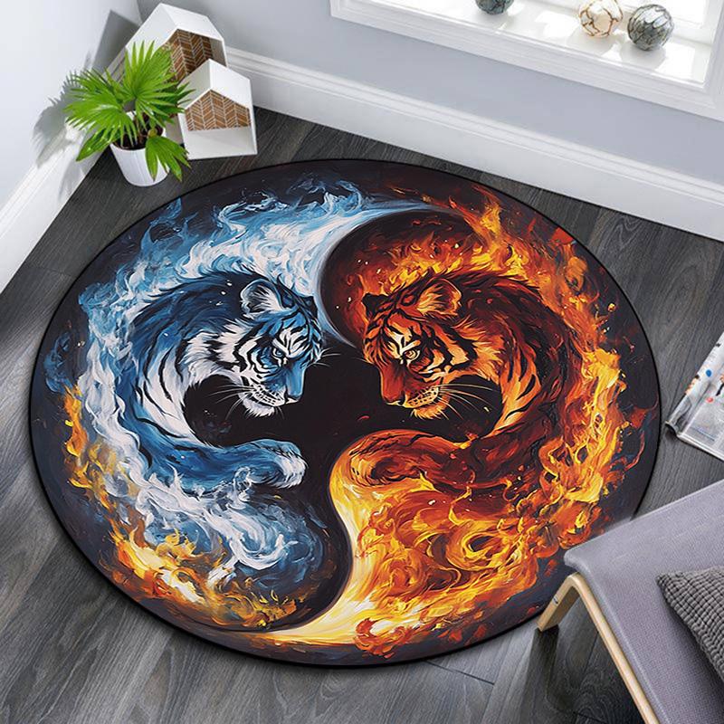 Yin Yang Tiger Round Area Rug,Carpet Rug for Living Room Bedroom Sofa Playroom Decor,Non-slip Floor Mat
