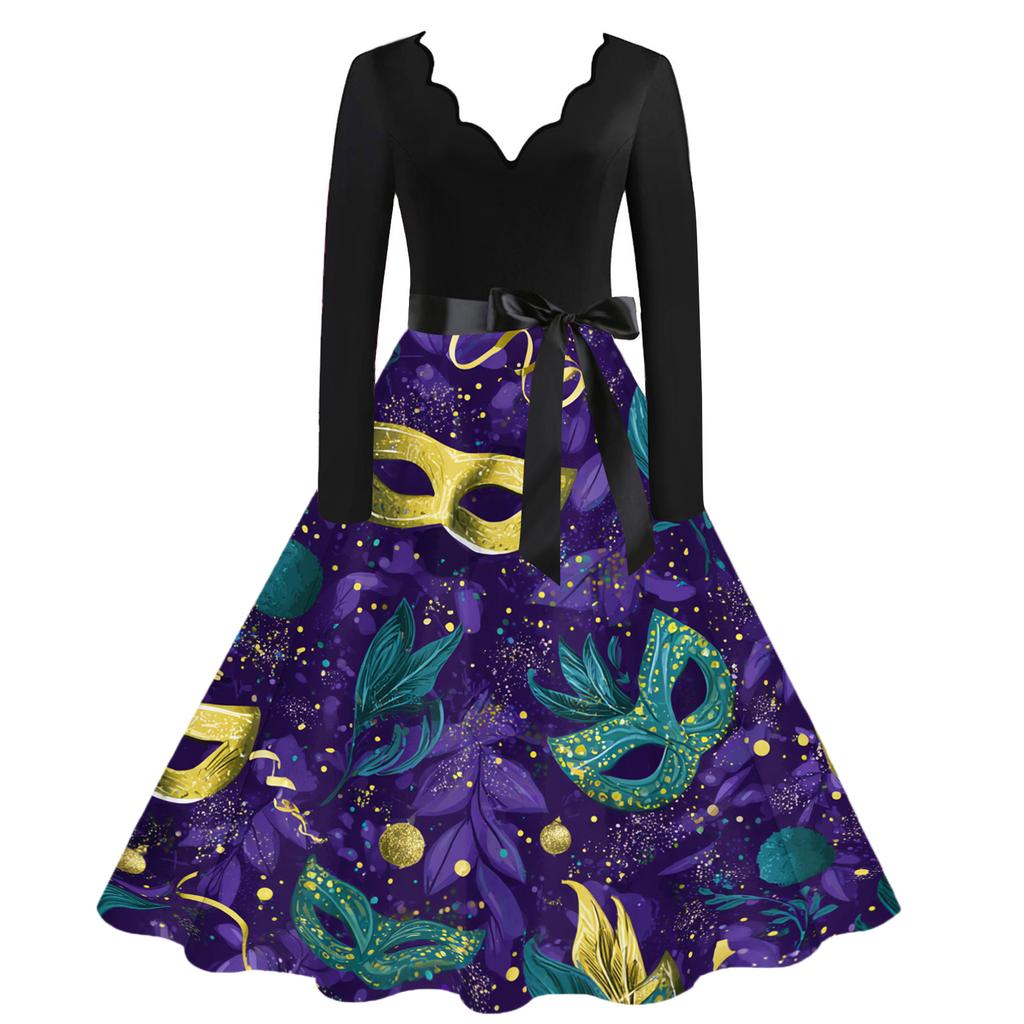 Women's Casual Fashion V Neck Carnival Printed Vintage Dress