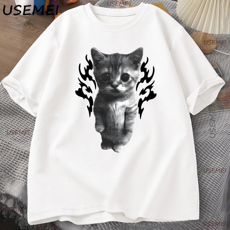 Y2K Goofy Cat Meme T Shirt 90s Vintage Cotton Short Sleeve Tshirt Streetwear Round Neck T Shirt Causal Oversized Clothing