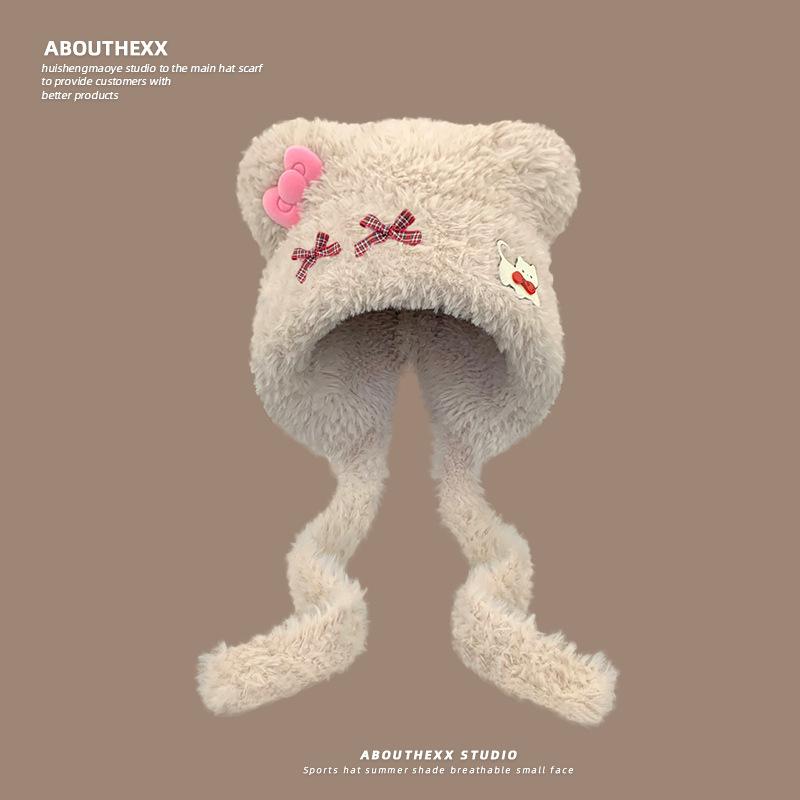 Cute Bear Ears Cat Bow Hat Women's Autumn and Winter Thickened Warm Plush Hat Ear Protection Knitted Lei Feng Hat