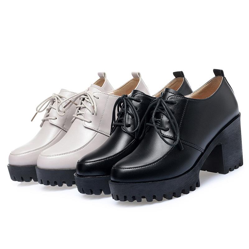 8cm Prodyšné Elegantní Silná Podrážka Robustní Platforma Lodičky 2025 Jaro Boty z Pravé Kůže Žena Blokový Vysoký Podpatek Oxfordky