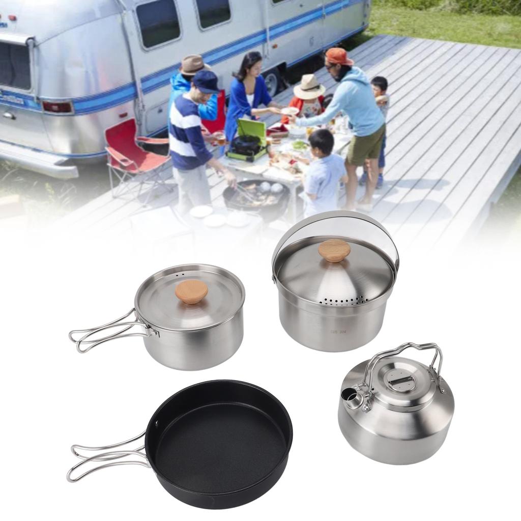 Camping Cookware, Stainless Steel Kettle Kit, Portable Camping Pot, Frying Pan and Kettle, Outdoor Cooking Set for Camping