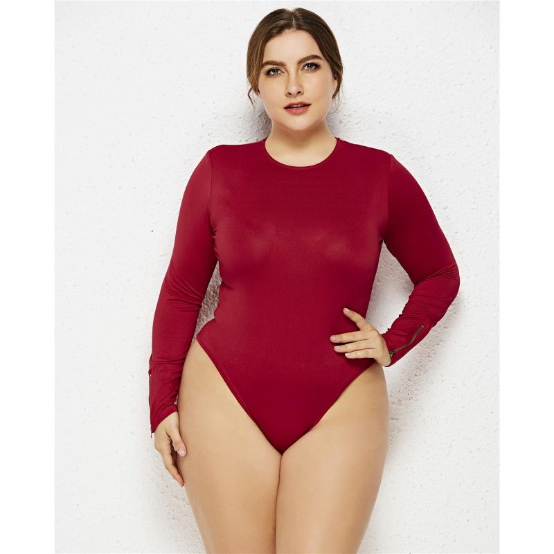 Einteiliger, einfarbiger, langärmeliger, sexy Anti-Exposure-Overall für Damen in Übergröße