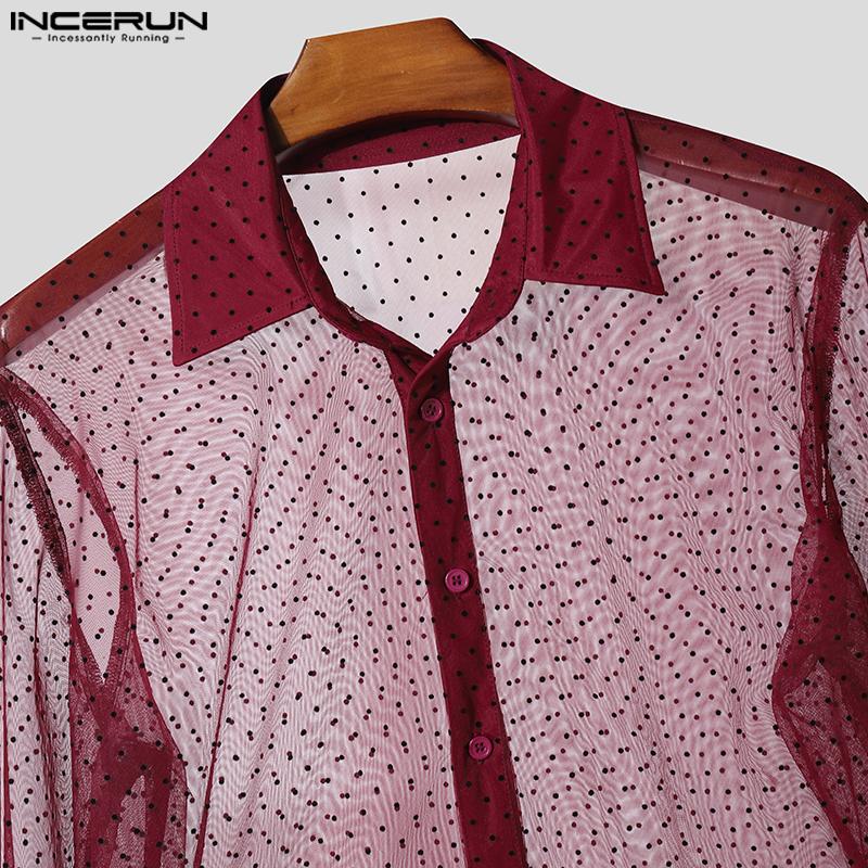 INCERUN Men Lapel Neck Long Sleeve Mesh Sheer Polka Dots Shirts