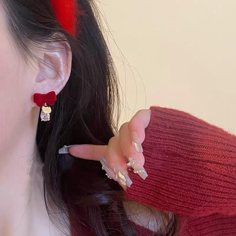 New Red Delicate Red Velvet Bow Earrings with Diamonds, Water Drops for Girls, Versatile Earrings, Ear Jewelry for Women