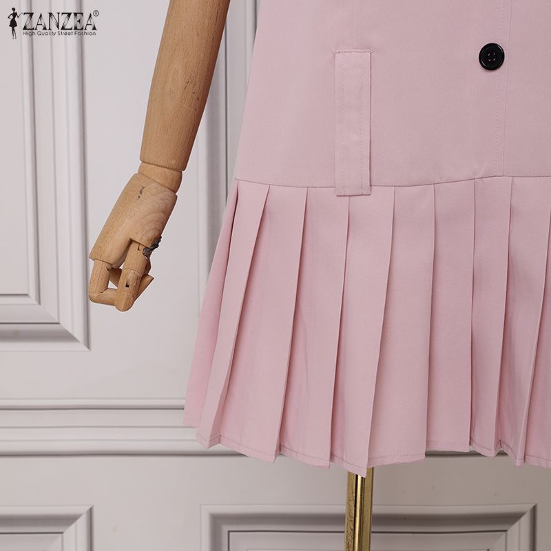 ZANZEA Women Elegant V-Neck Casual Sleeveless Pleated Dress