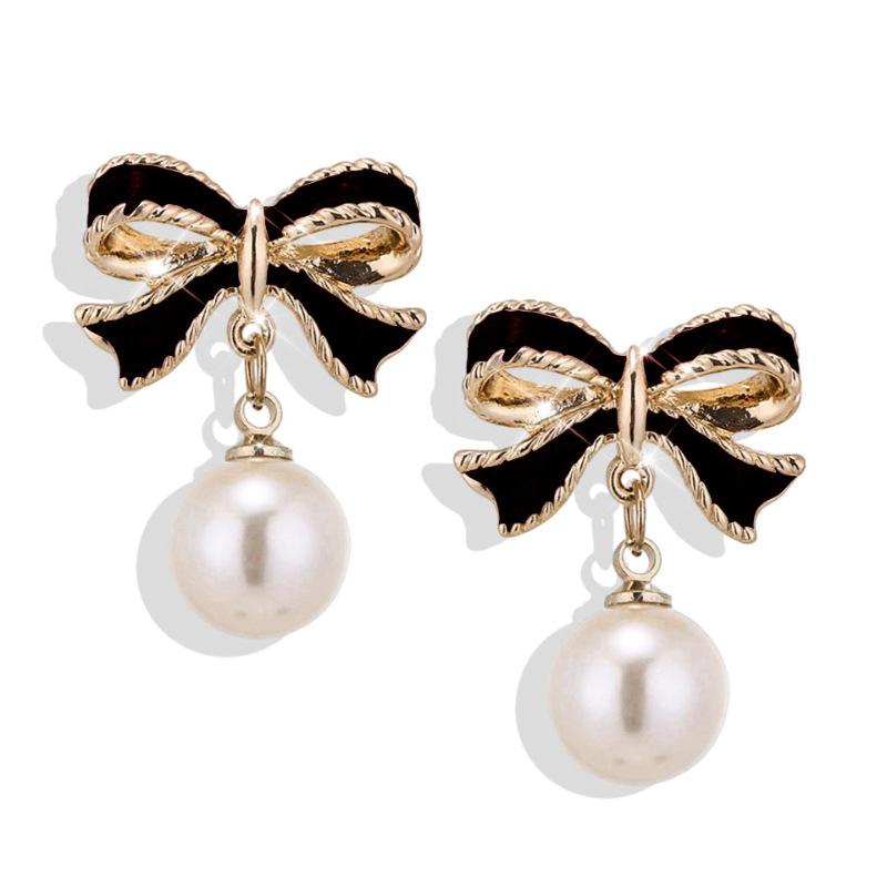 Trendy Black Red Bow Knot Drop Earrings for Women Enamel Oil Metal Imitation Pearl Dangle Earrings Wedding Party Sweet Jewelry