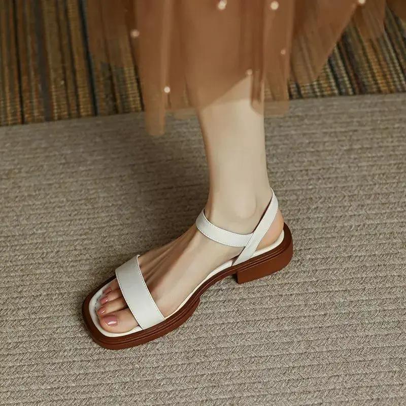 Fashion 2025 Summer Women Sandals Low Heels Basic Genuine Leather Office Plus Size 35-42 Ladies Casual Outdoor Concise Woman Shoes