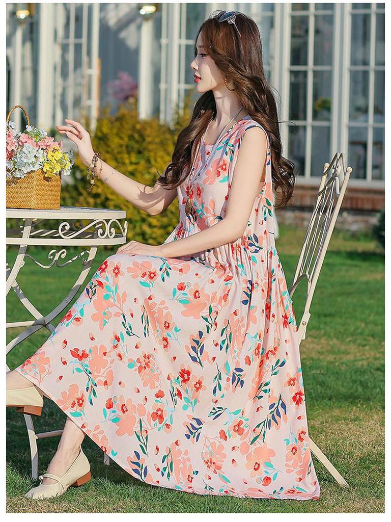 Elegant Plus Size Floral Cotton-Silk Sleeveless Summer Dress