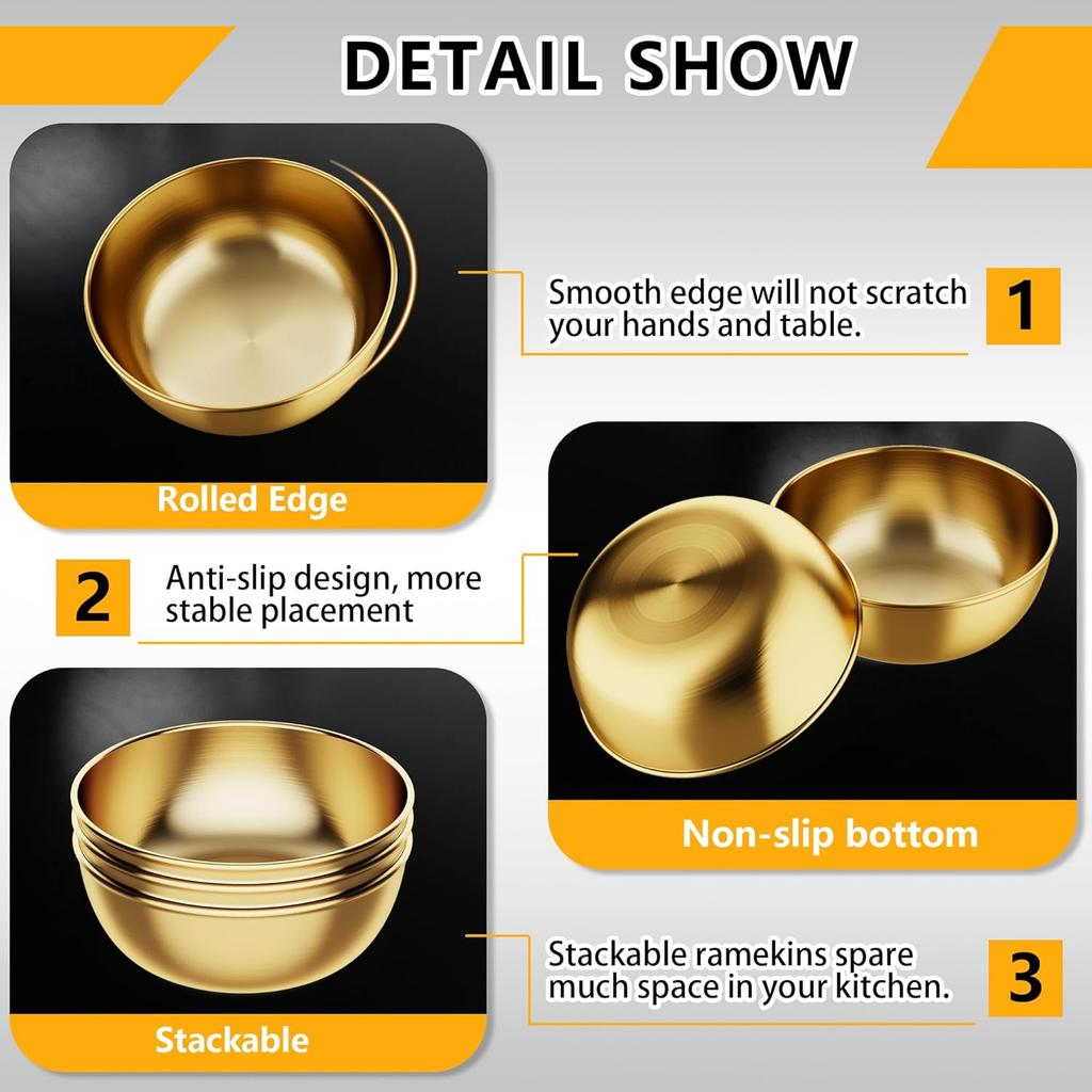 6 Pack Stainless Steel Dipping Sauce Bowls, Individual Round Pinch Bowls for Sides and Sushi, Small Prep Containers for Ingredients